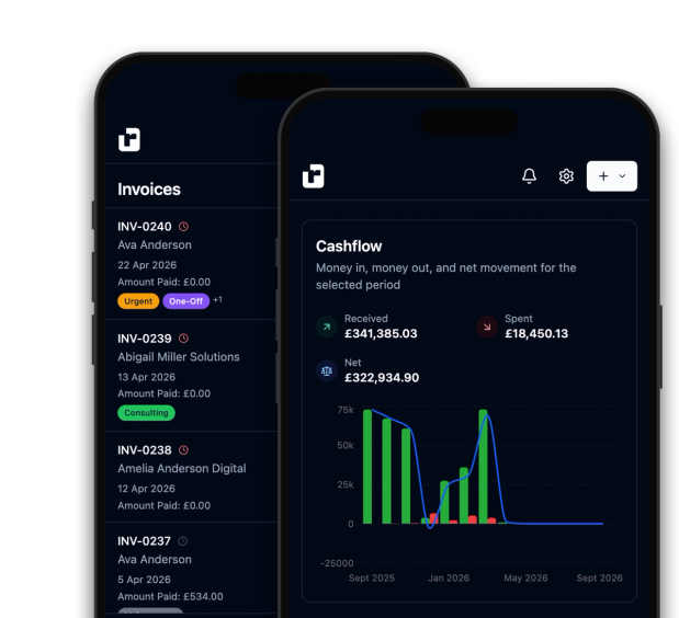 Two phones running recevo.io as an installed app, showing the cashflow dashboard in front of the invoices list, in dark mode