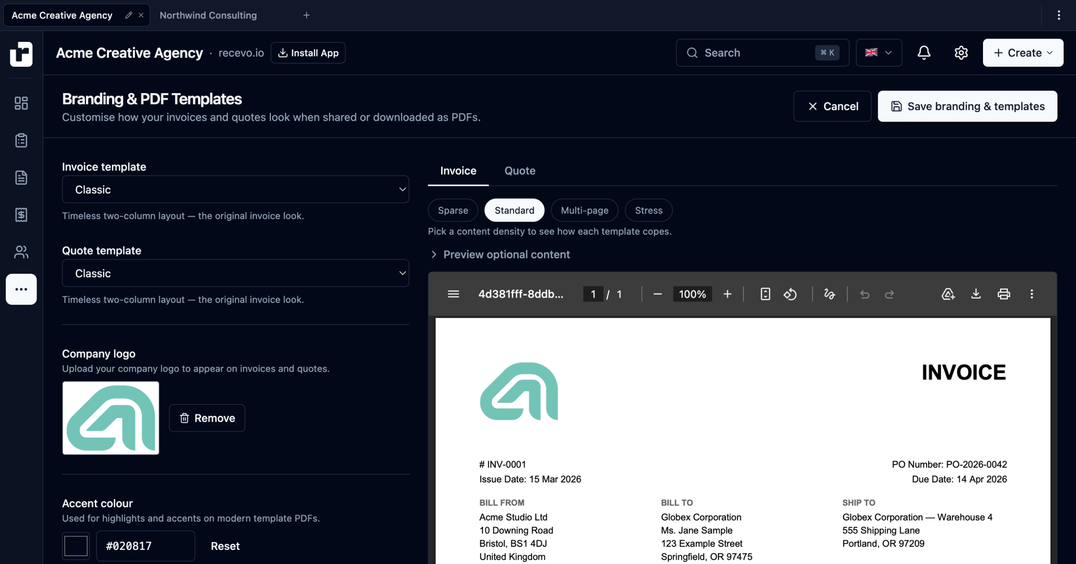 recevo.io invoice editor showing a professional invoice being created in a browser-based no-signup invoice generator