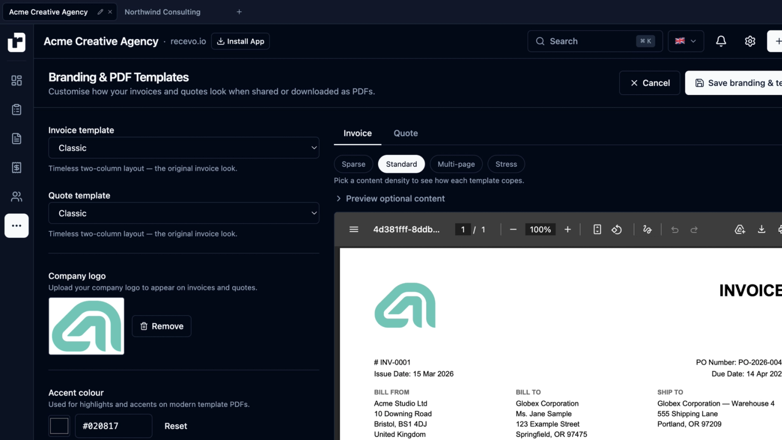 recevo.io invoice editor showing a professional invoice being created in a browser-based no-signup invoice generator