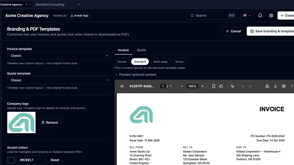 recevo.io invoice editor showing a professional invoice being created in a browser-based no-signup invoice generator