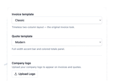 Invoice and quote template pickers with a company logo upload