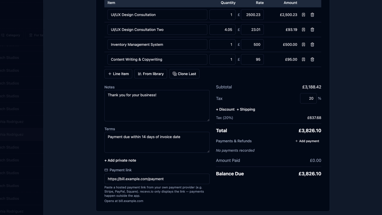 Building an invoice in recevo.io