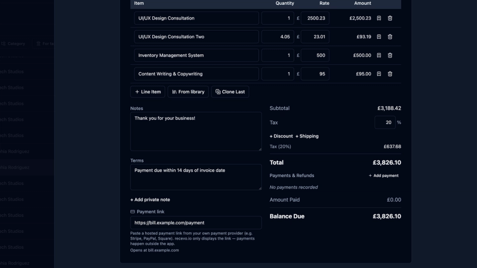 Building an invoice in recevo.io