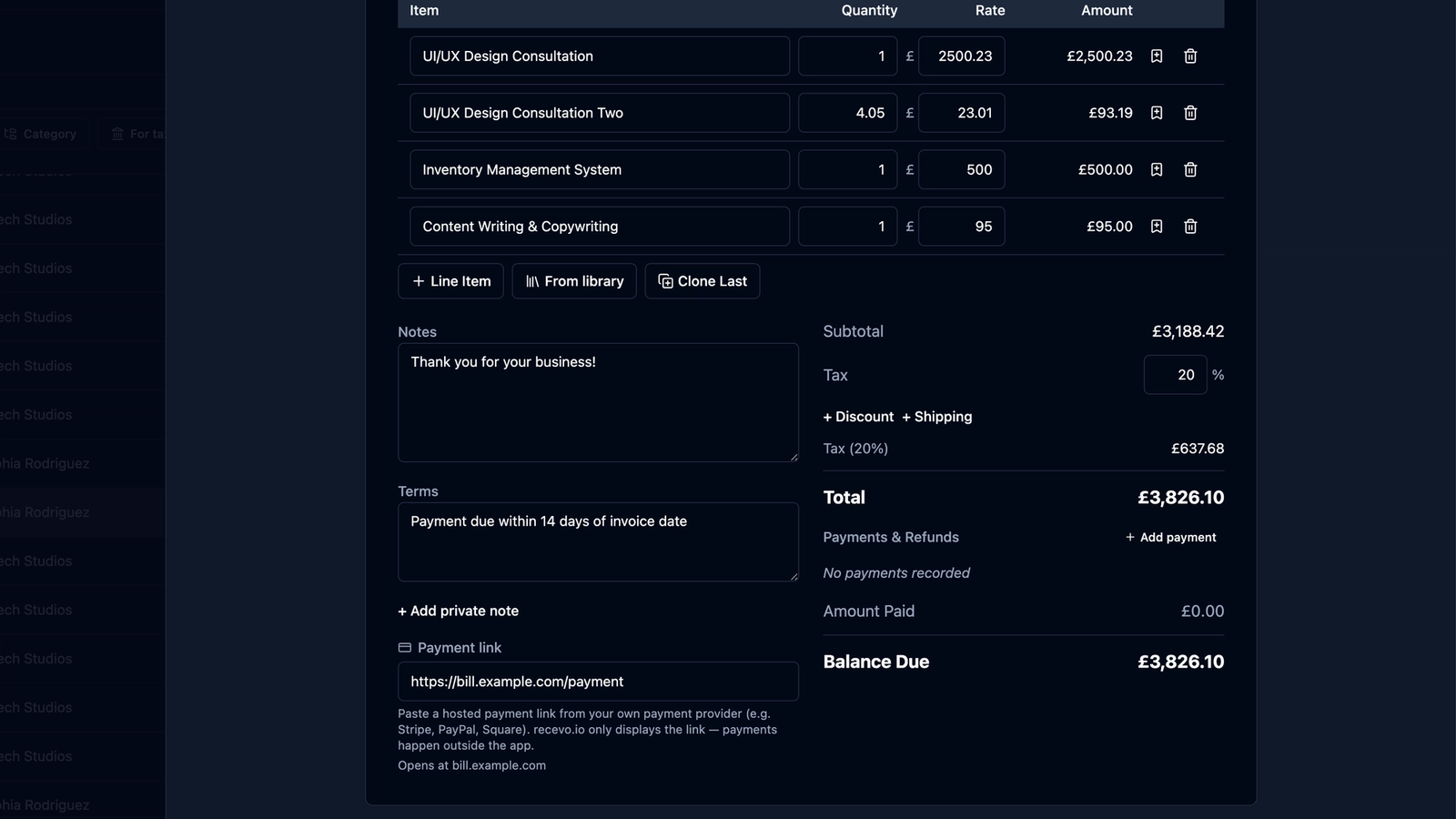 Building an invoice in recevo.io