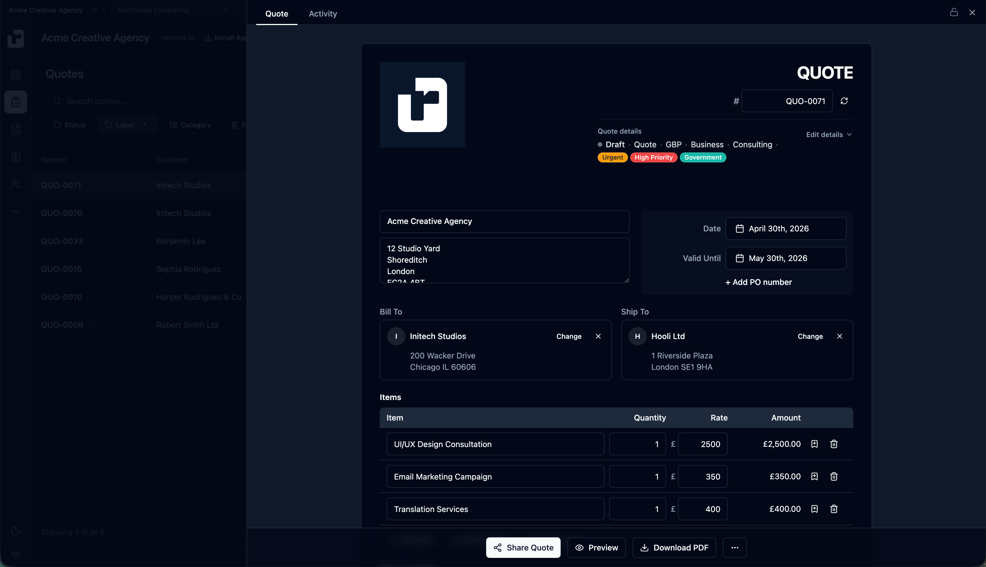 recevo.io quote editor showing a professional quote being converted into an invoice in a browser-based invoicing app