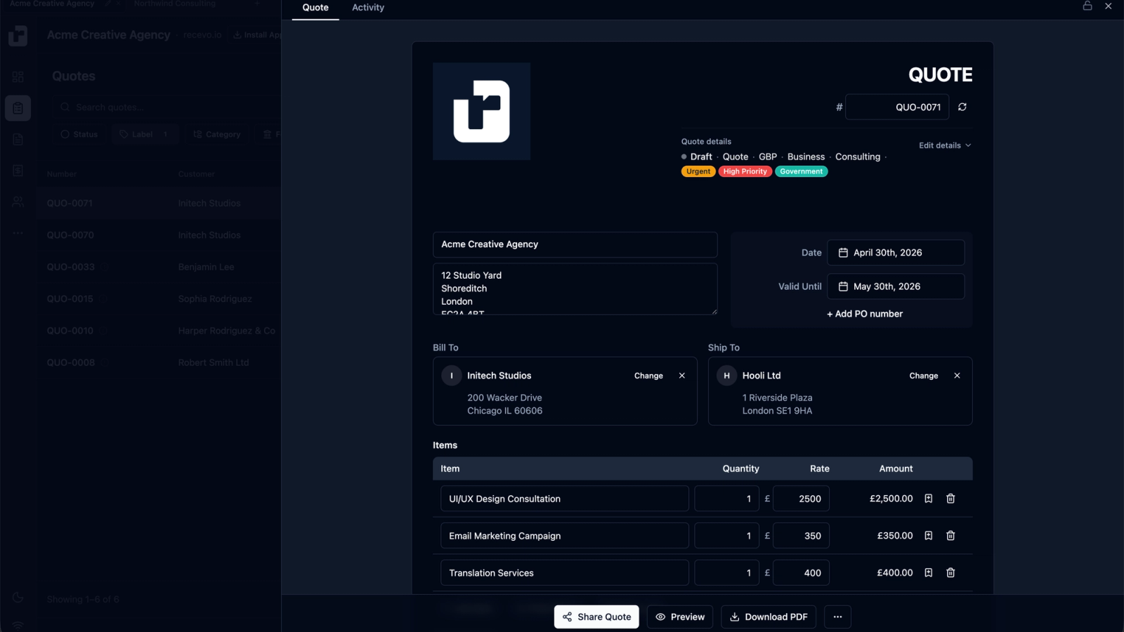 recevo.io quote editor showing a professional quote being converted into an invoice in a browser-based invoicing app
