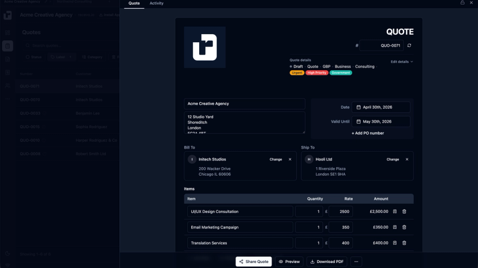 recevo.io quote editor showing a professional quote being converted into an invoice in a browser-based invoicing app