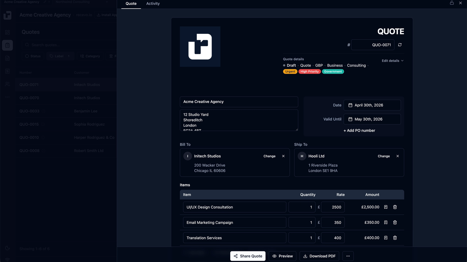 recevo.io quote editor showing a professional quote being converted into an invoice in a browser-based invoicing app