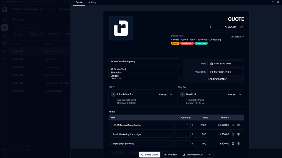 recevo.io quote editor showing a professional quote being converted into an invoice in a browser-based invoicing app