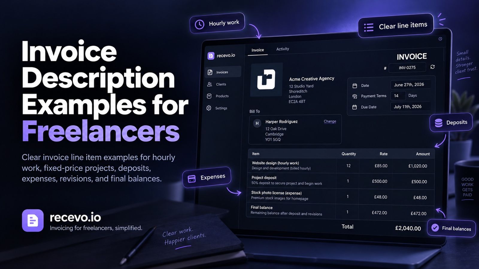 recevo.io blog cover showing the headline, Invoice Description Examples for Freelancers, beside an invoice editor with clear line items for hourly work, deposits, expenses, and final balances.