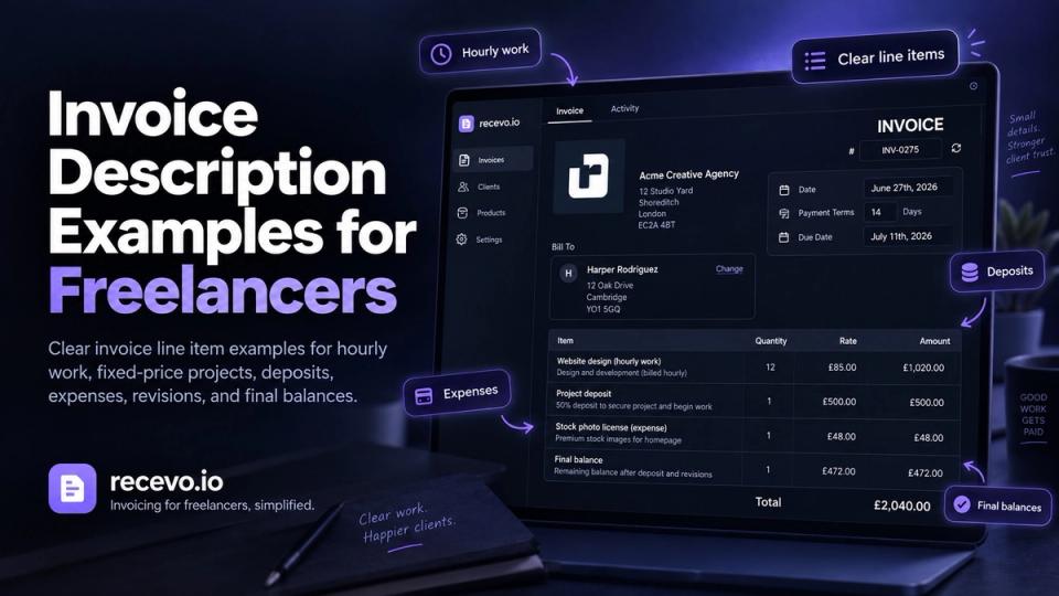 recevo.io blog cover showing the headline, Invoice Description Examples for Freelancers, beside an invoice editor with clear line items for hourly work, deposits, expenses, and final balances.