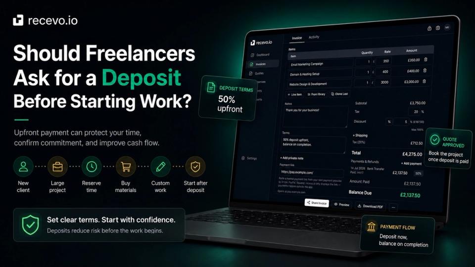 recevo.io blog cover showing the headline ‘Should Freelancers Ask for a Deposit Before Starting Work?’ beside the invoice builder interface, with deposit-related callouts including ‘50% upfront’, ‘Quote Approved’, and ‘Deposit now, balance on completion’.
