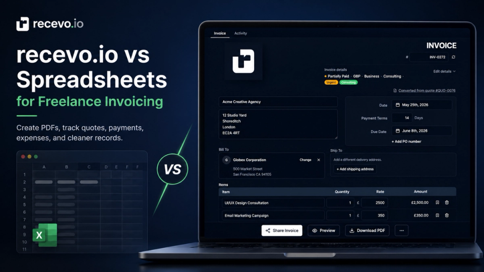 A freelancer comparing a spreadsheet invoice template with a clean recevo.io invoice dashboard on a laptop screen.