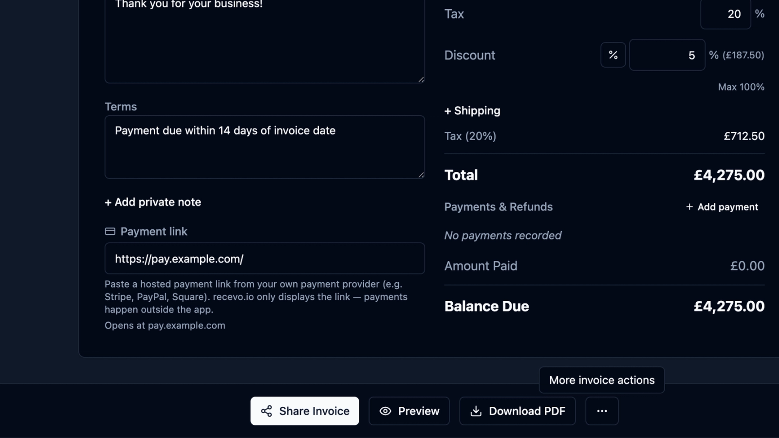 Invoice controls in recevo.io