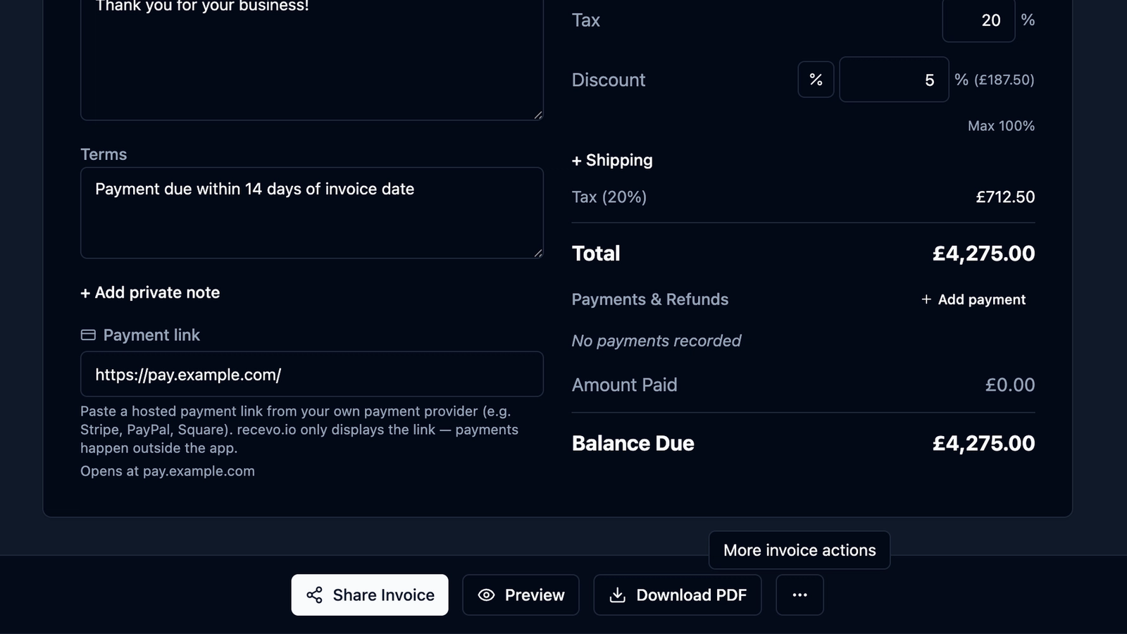 Invoice controls in recevo.io