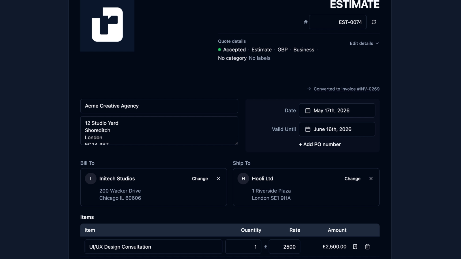 Estimate and quote builder in recevo.io