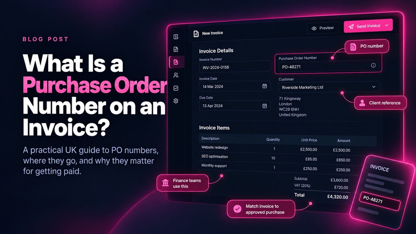 recevo.io blog cover showing the headline ‘What Is a Purchase Order Number on an Invoice?’ beside an invoice screen with a PO number highlighted, plus callouts for client reference, finance teams, and matching the invoice to an approved purchase.