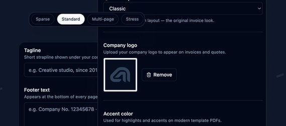 PDF template and branding settings in dark mode