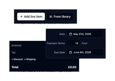 Invoice date, payment terms and totals panels with line item buttons, in dark mode