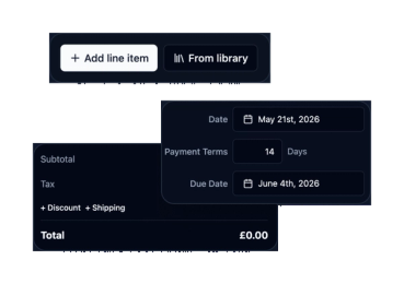 Invoice date, payment terms and totals panels with line item buttons, in dark mode