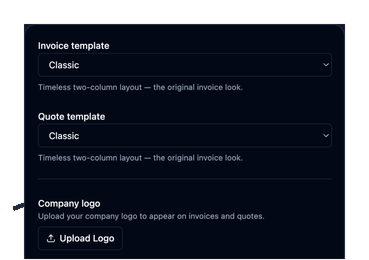 Invoice and quote template pickers with a company logo upload, in dark mode