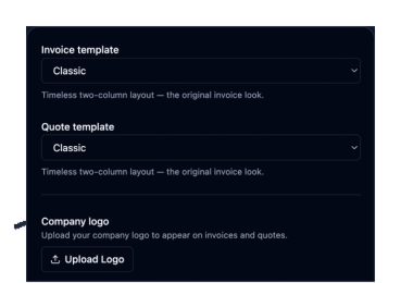 Invoice and quote template pickers with a company logo upload, in dark mode