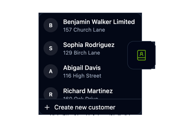 A saved customer list with a Create new customer button, in dark mode