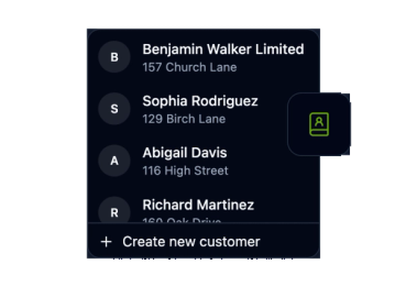 A saved customer list with a Create new customer button, in dark mode