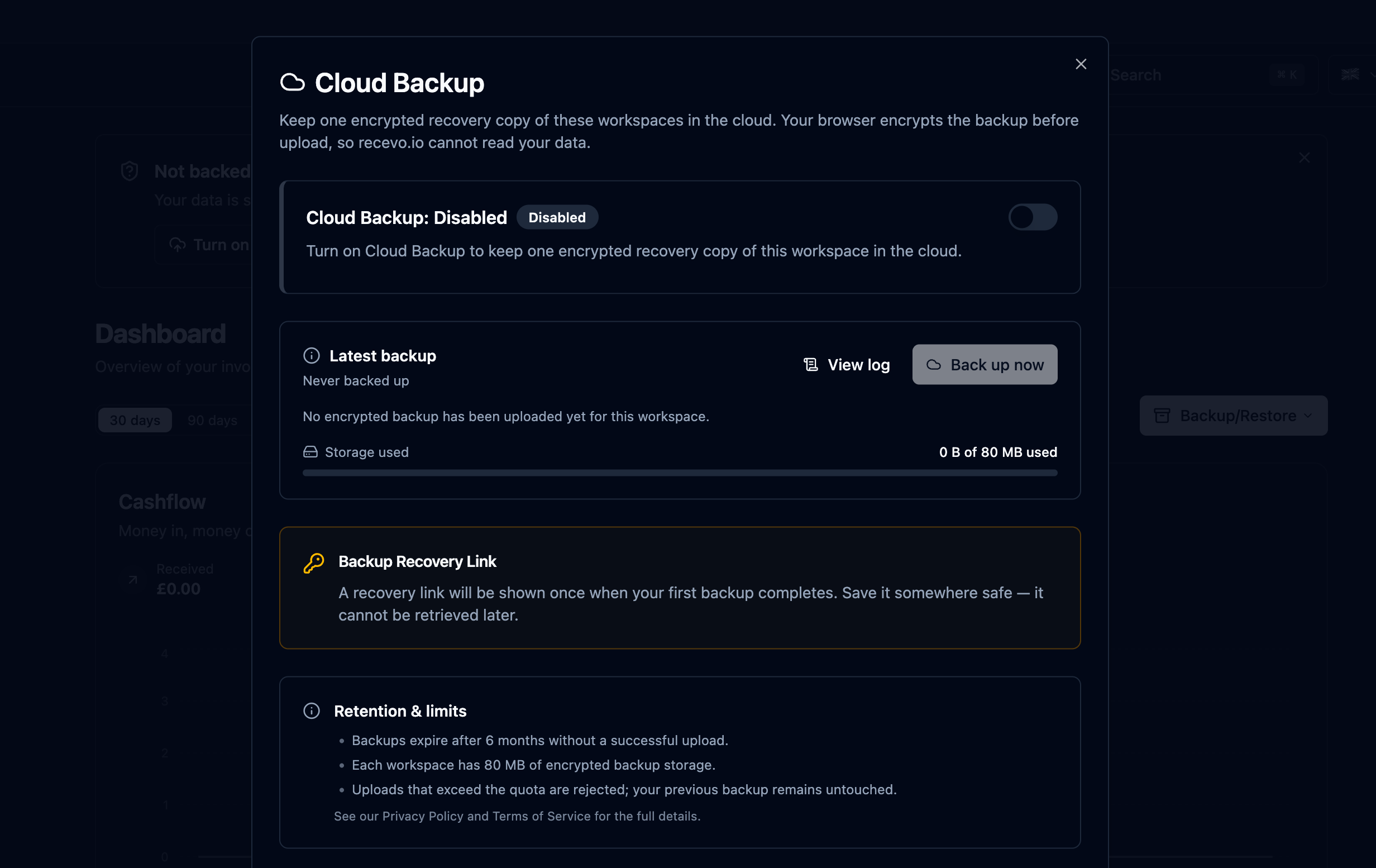 recevo.io Encrypted Cloud Backup screen showing an opt-in cloud backup