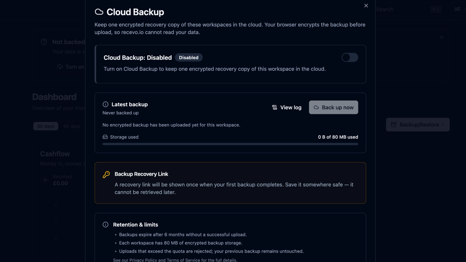 recevo.io Encrypted Cloud Backup screen showing an opt-in cloud backup