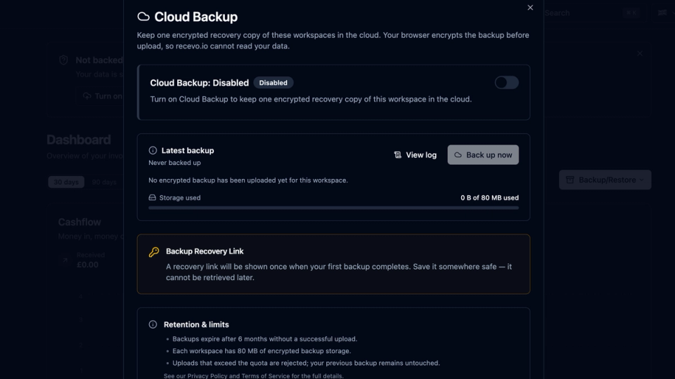 recevo.io Encrypted Cloud Backup screen showing an opt-in cloud backup