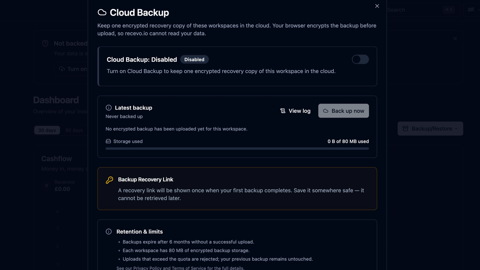 recevo.io Encrypted Cloud Backup screen showing an opt-in cloud backup