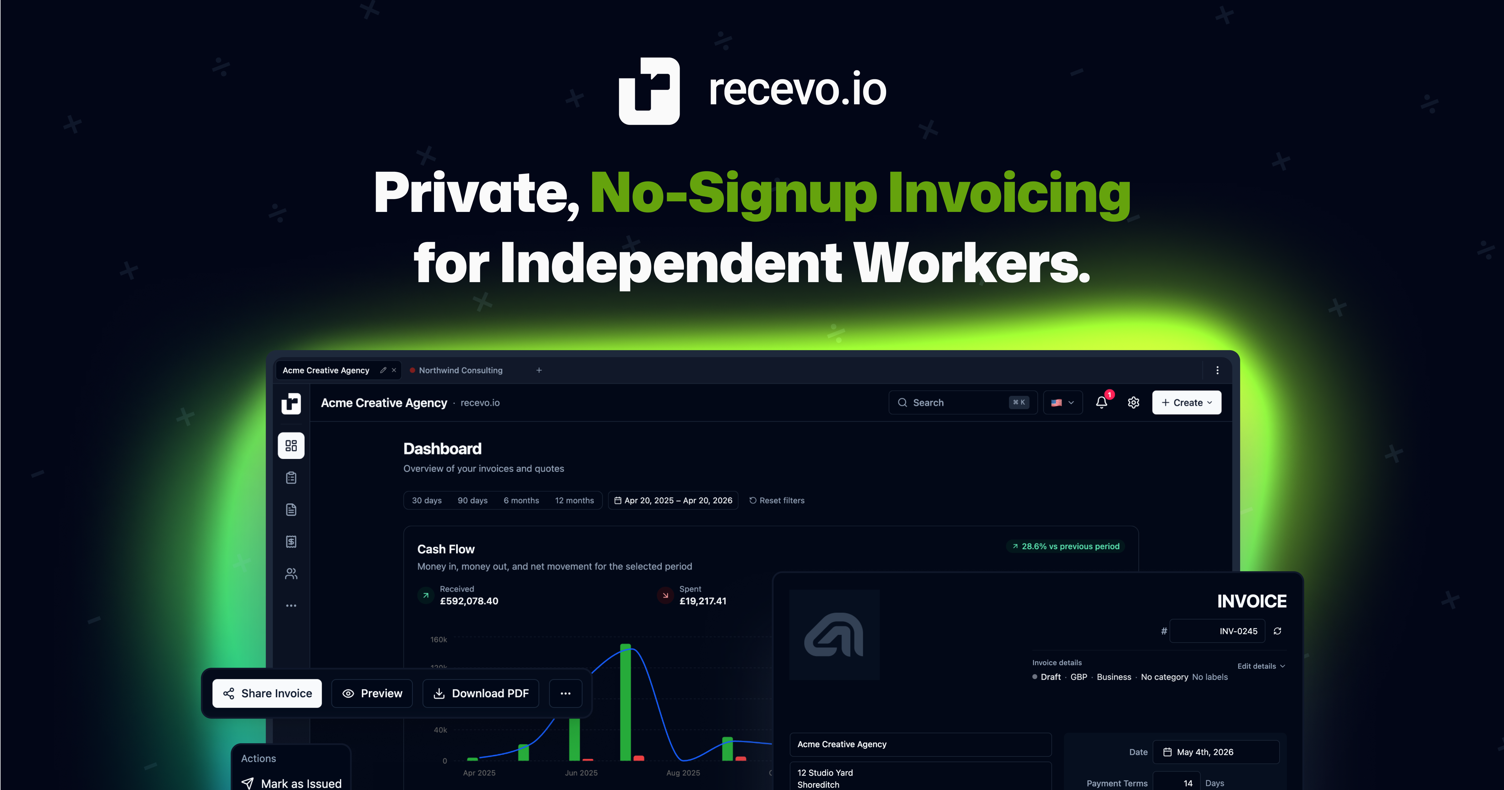 recevo.io invoice editor showing the dashboard and a professional invoice draft in the browser.