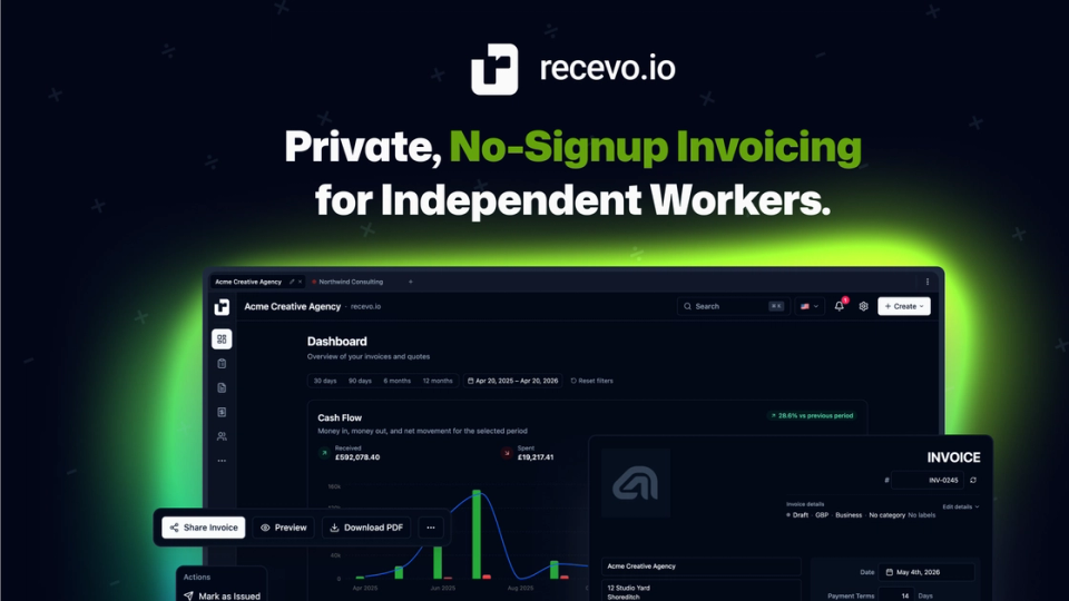 recevo.io invoice editor showing the dashboard and a professional invoice draft in the browser.