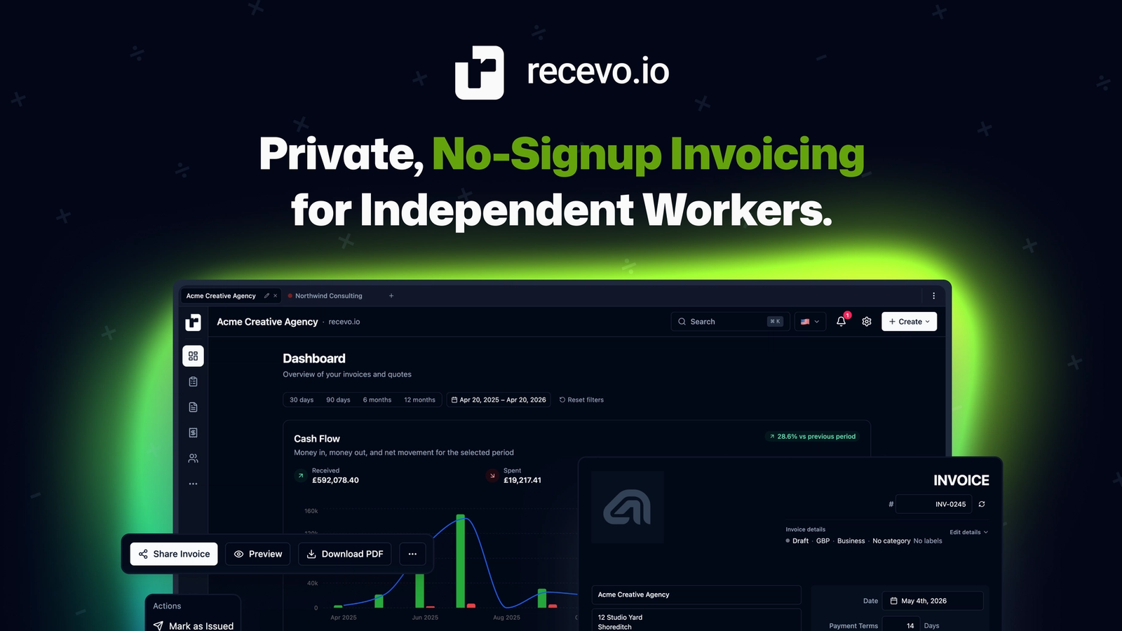 recevo.io invoice editor showing the dashboard and a professional invoice draft in the browser.
