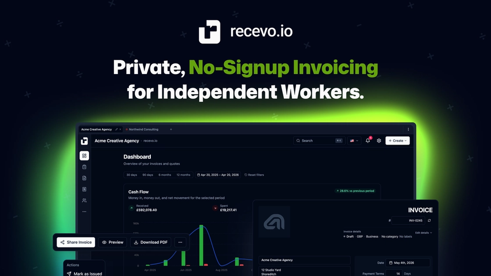 recevo.io invoice editor showing the dashboard and a professional invoice draft in the browser.
