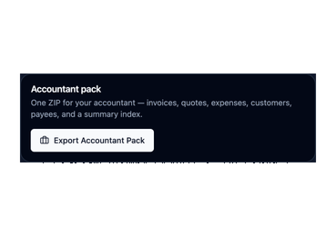 The Accountant pack card with an Export Accountant Pack button, in dark mode