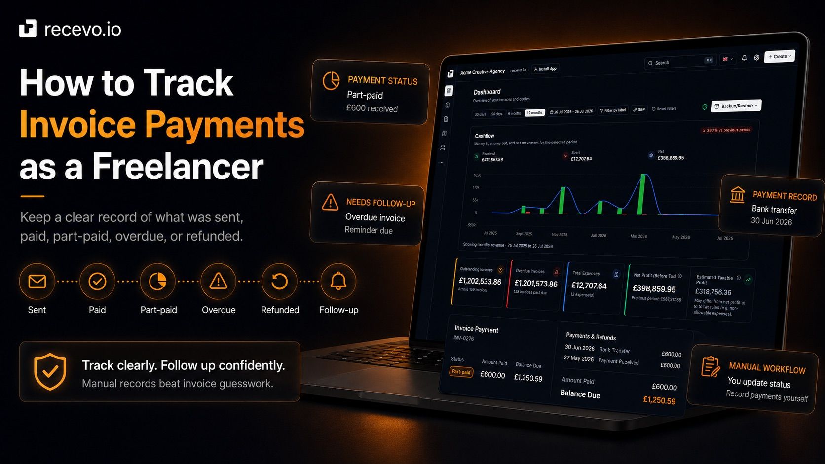 recevo.io blog cover showing the headline ‘How to Track Invoice Payments as a Freelancer’ beside the dashboard interface, with payment-tracking callouts for part-paid status, overdue follow-up, payment records, and manual status updates.