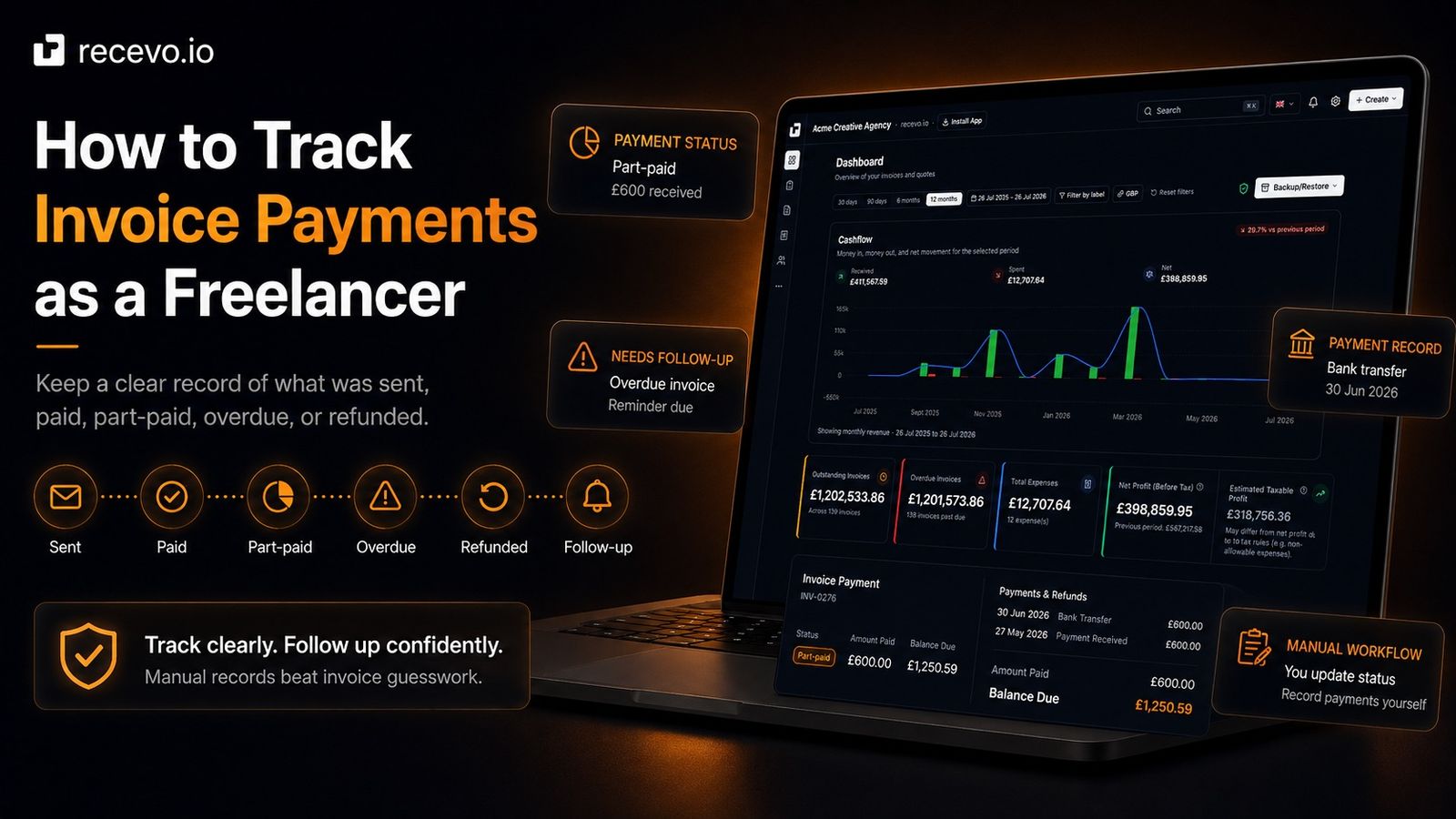 recevo.io blog cover showing the headline ‘How to Track Invoice Payments as a Freelancer’ beside the dashboard interface, with payment-tracking callouts for part-paid status, overdue follow-up, payment records, and manual status updates.