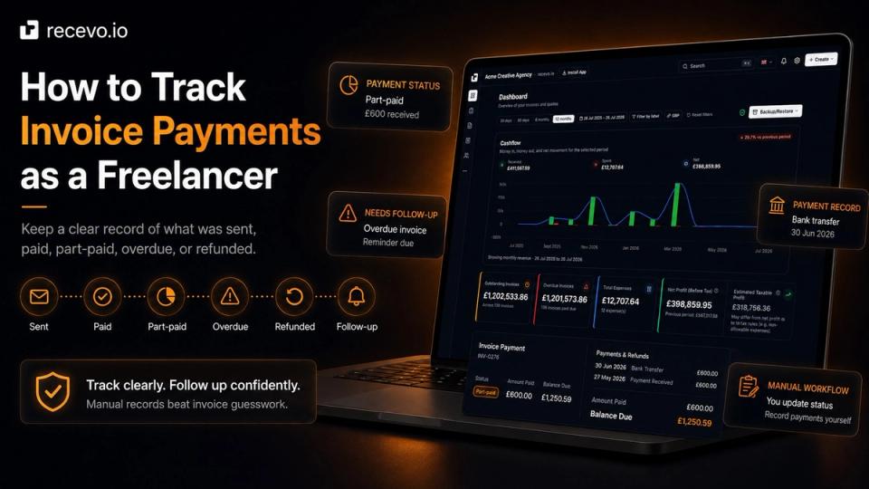 recevo.io blog cover showing the headline ‘How to Track Invoice Payments as a Freelancer’ beside the dashboard interface, with payment-tracking callouts for part-paid status, overdue follow-up, payment records, and manual status updates.