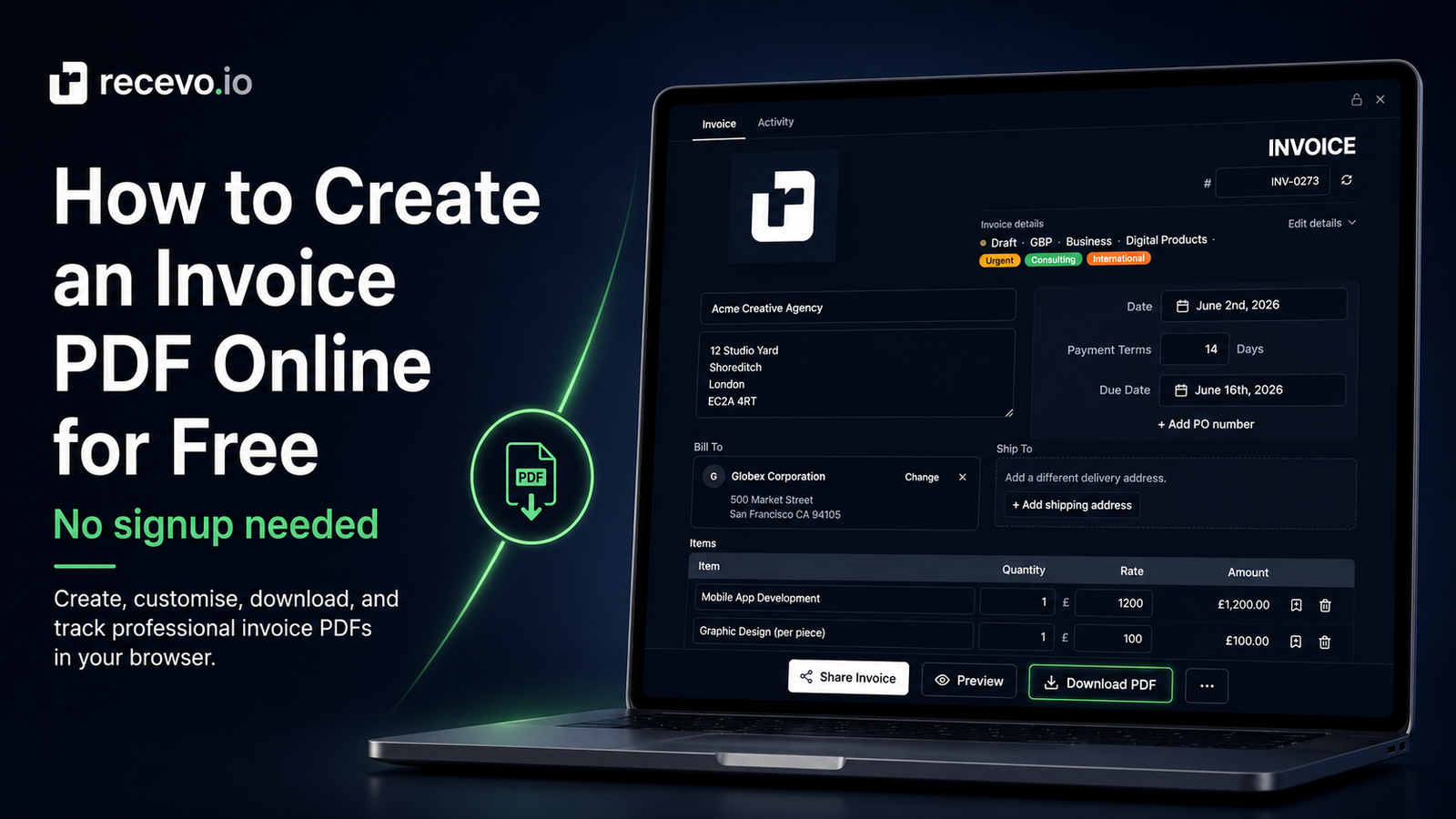 recevo.io invoice builder - create free invoice PDFs with recevo.io
