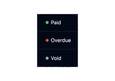 A status menu listing Paid, Overdue and Void, in dark mode