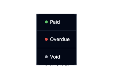 A status menu listing Paid, Overdue and Void, in dark mode