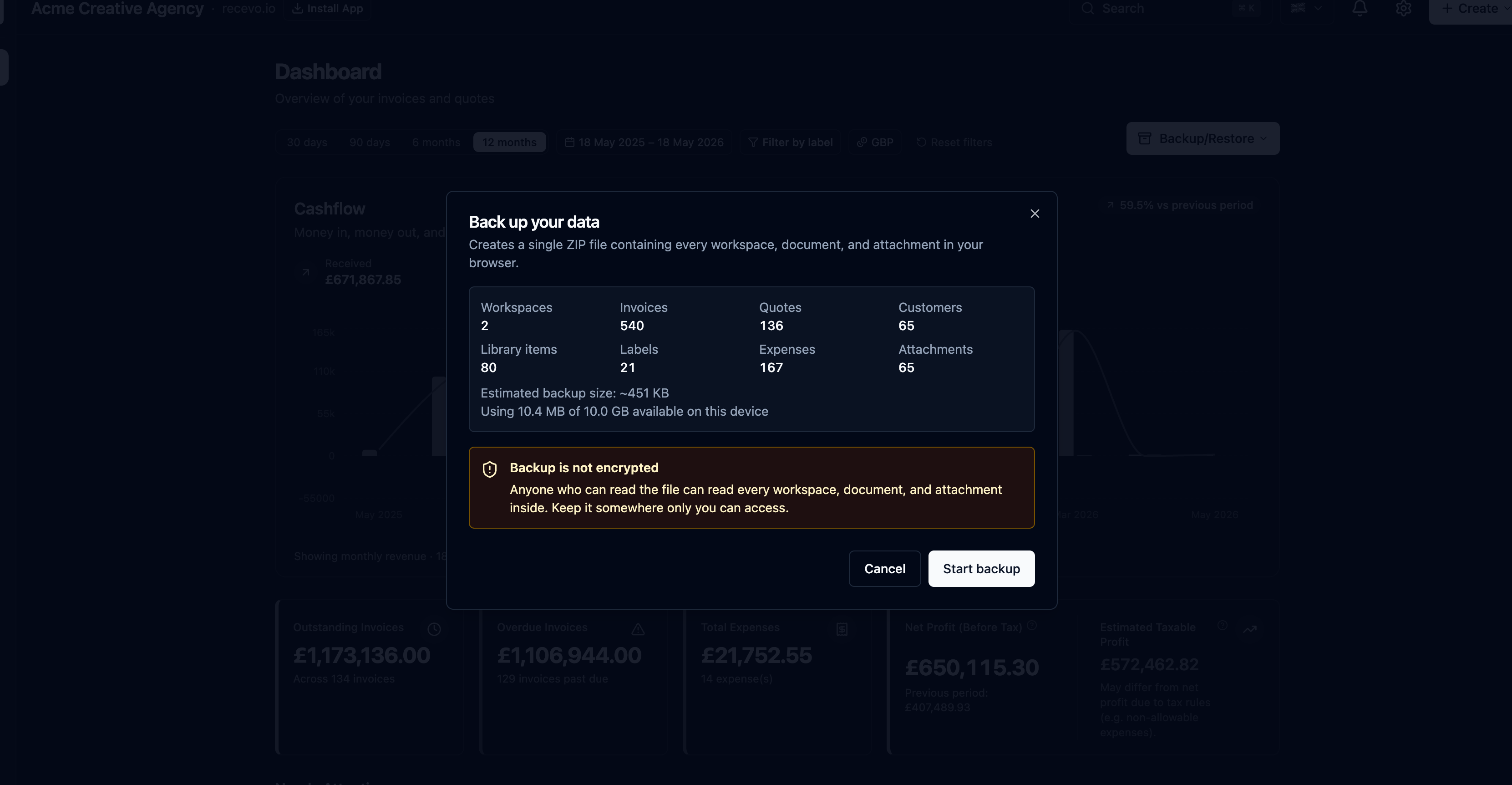 recevo.io backup and restore screen showing a user exporting invoicing data from a browser-based invoicing app
