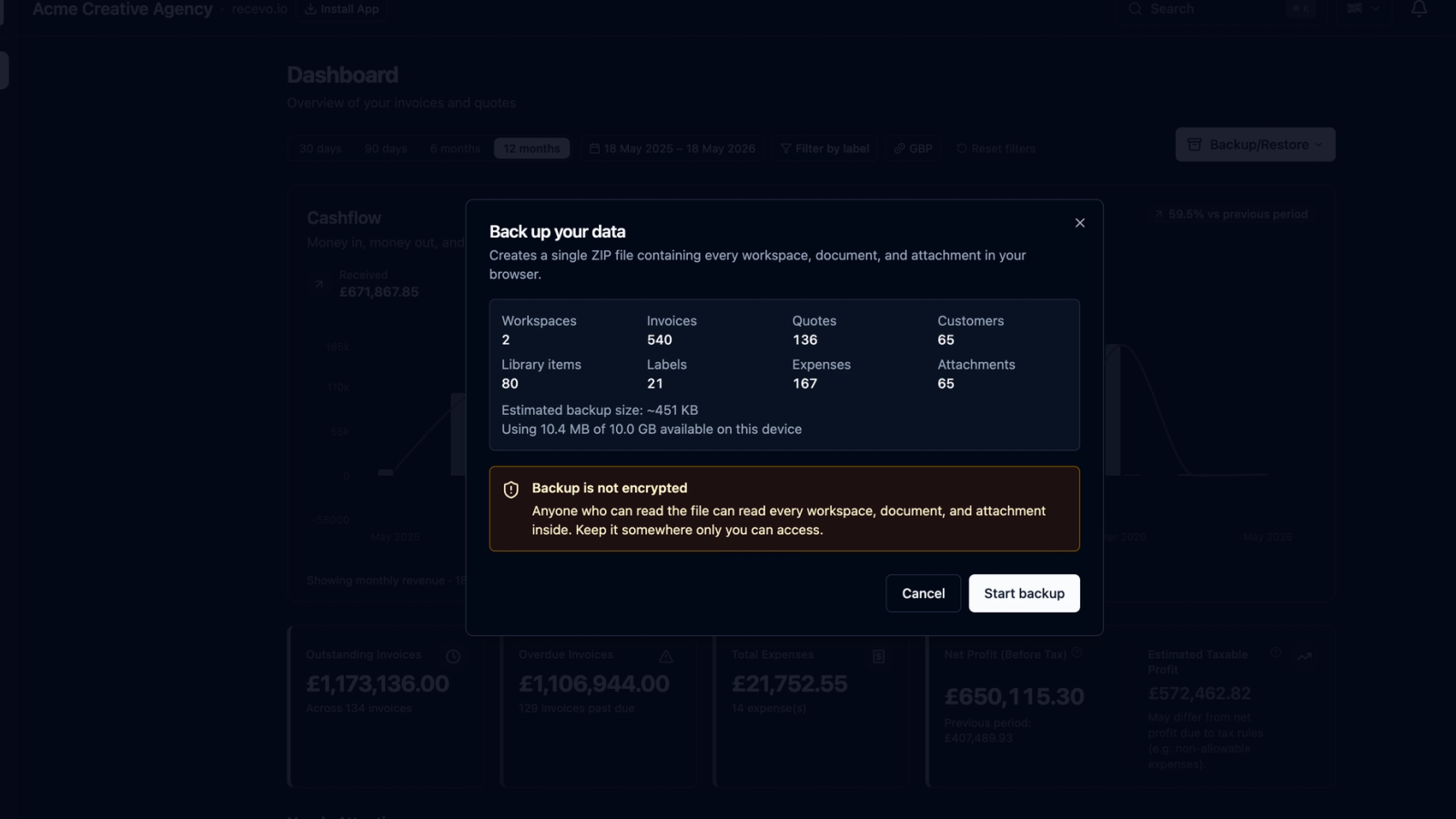 recevo.io backup and restore screen showing a user exporting invoicing data from a browser-based invoicing app