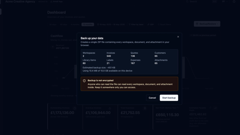 recevo.io backup and restore screen showing a user exporting invoicing data from a browser-based invoicing app