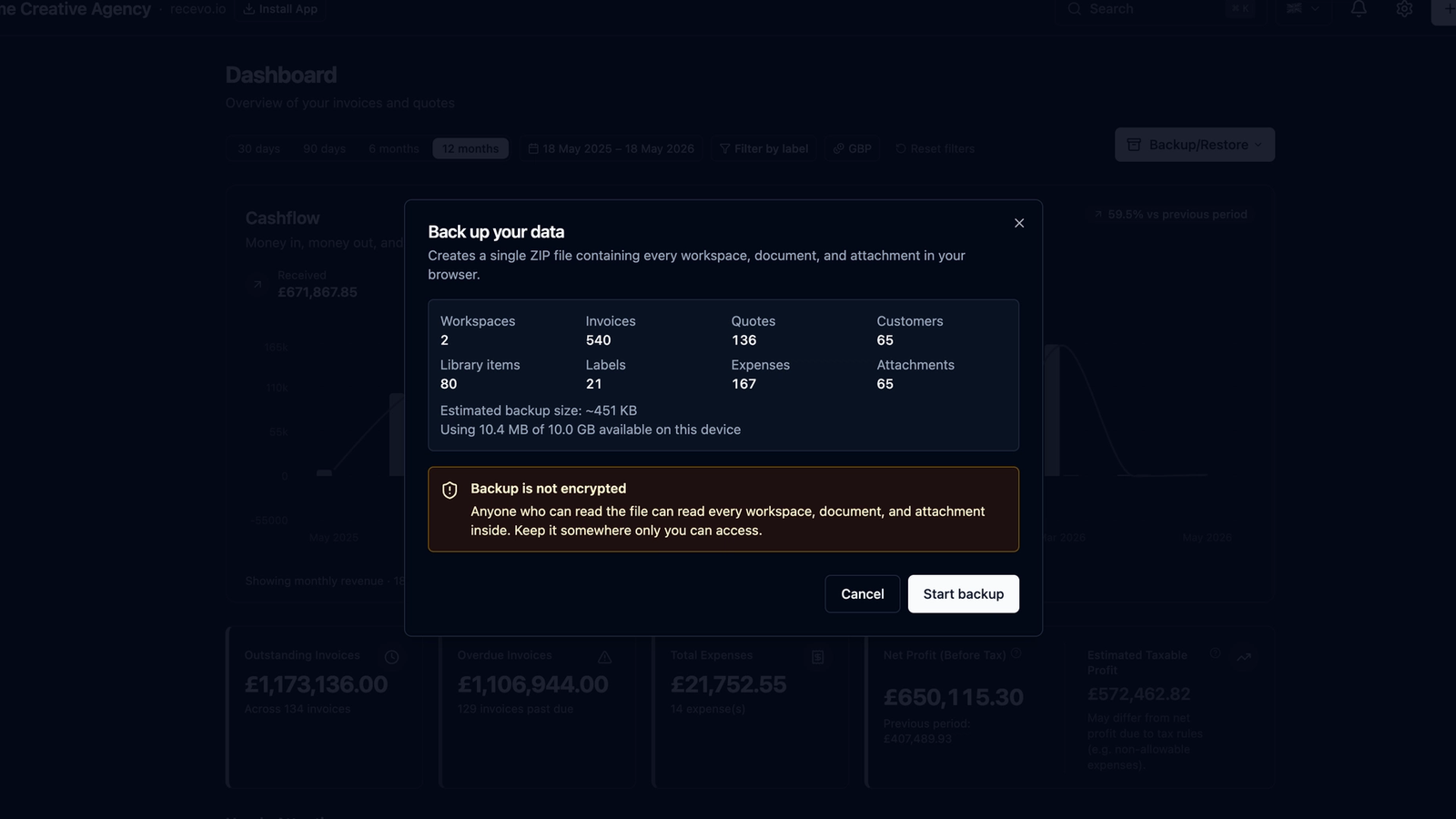 recevo.io backup and restore screen showing a user exporting invoicing data from a browser-based invoicing app