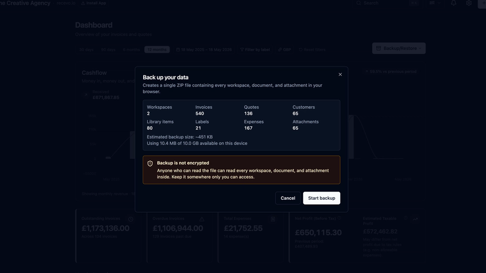 recevo.io backup and restore screen showing a user exporting invoicing data from a browser-based invoicing app
