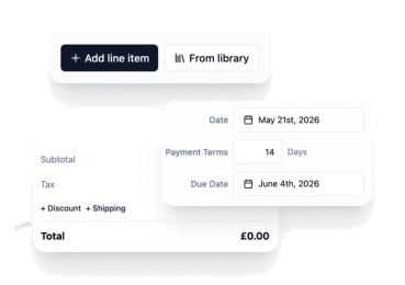 Invoice date, payment terms and totals panels with line item buttons