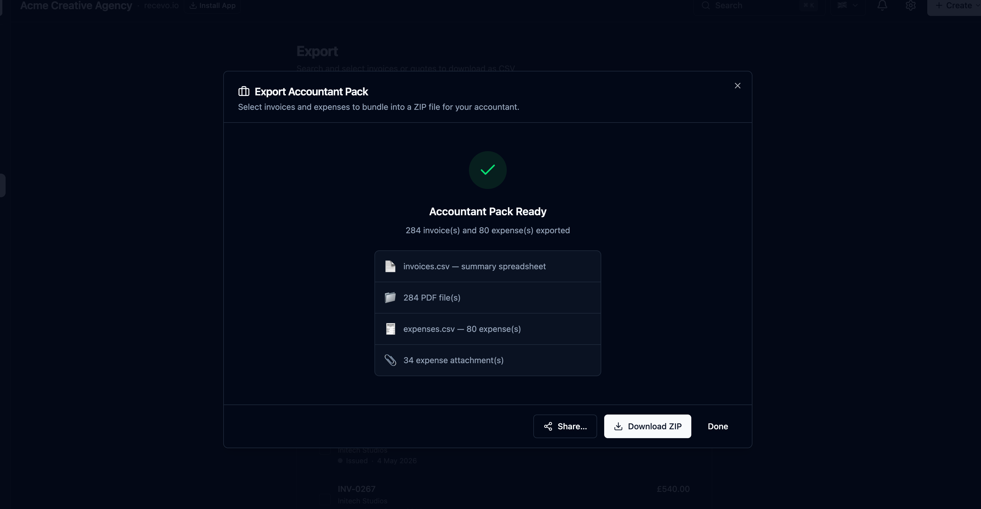 recevo.io export screen showing invoice PDFs, expense attachments, and CSV files prepared for Making Tax Digital record keeping.